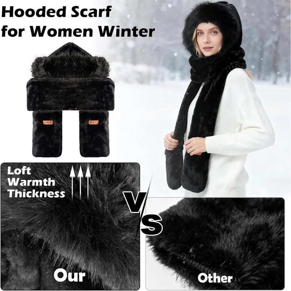 Women Hooded Scarf Gloves Set Faux Fur Warm Winter Accessory